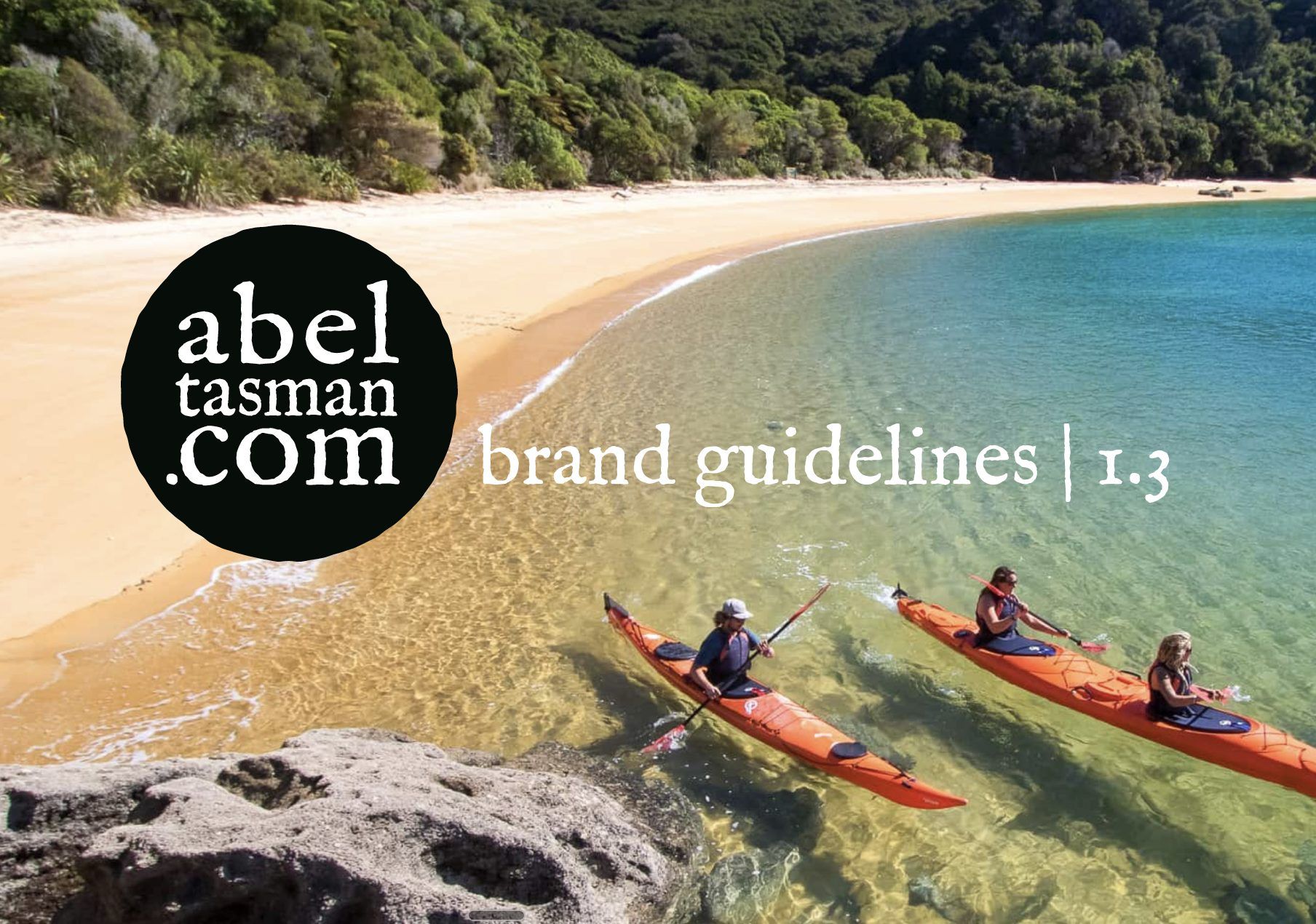 Cover of the AbelTasman.com brand guidelines, kayakers in a clear bay