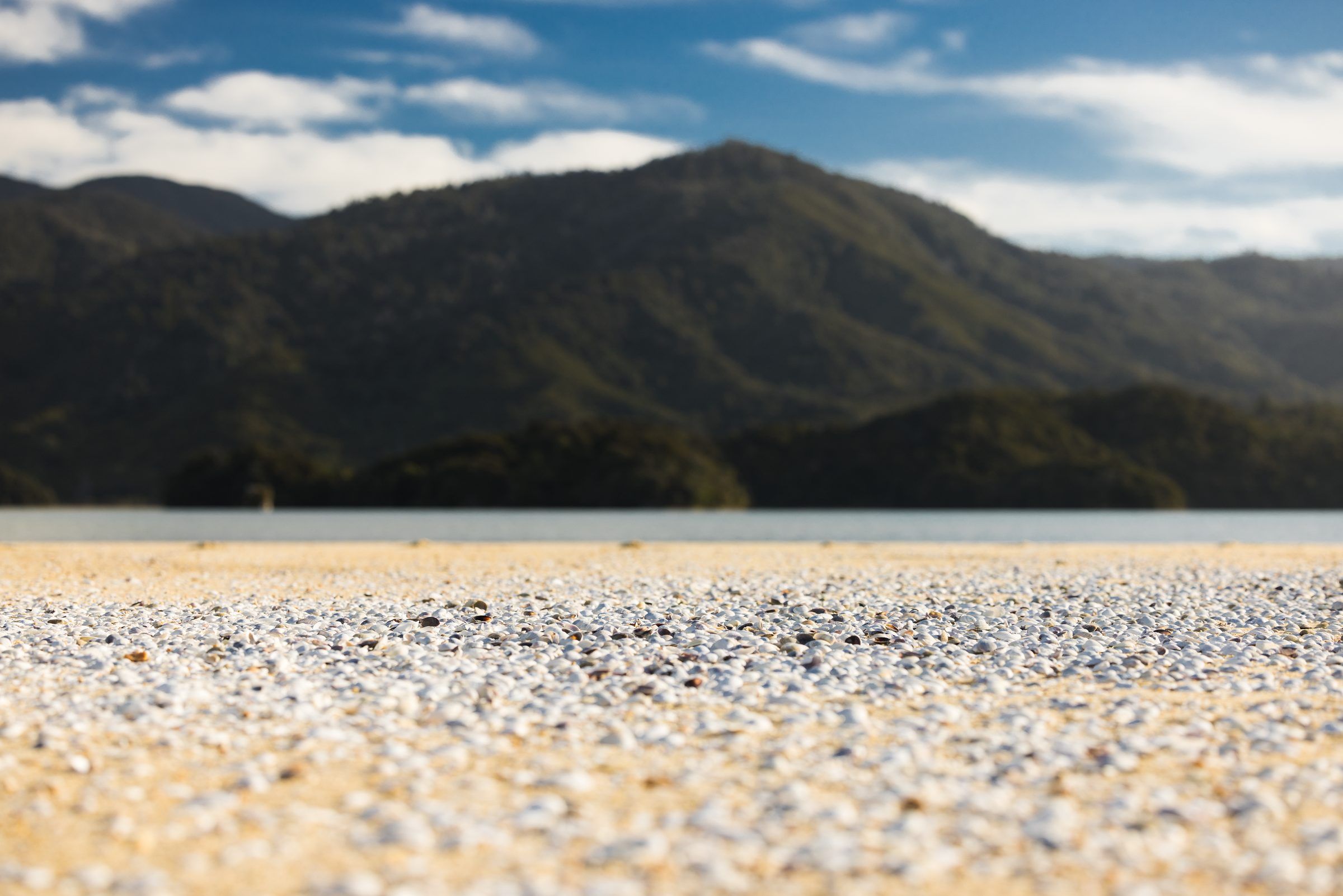 Golden sand in close focus with bush-clad hills behind