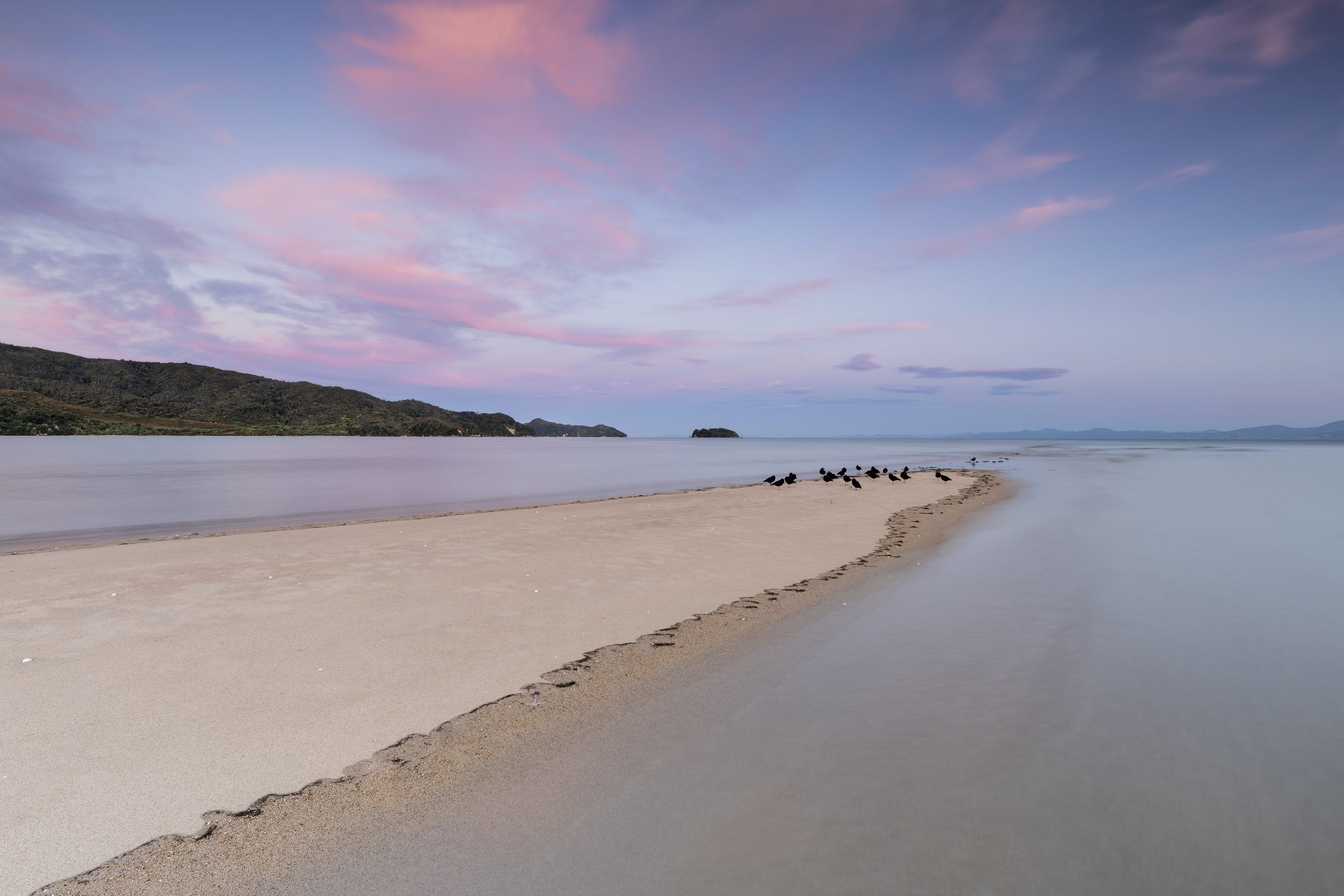 A long sandspit at dusk under pink cloud