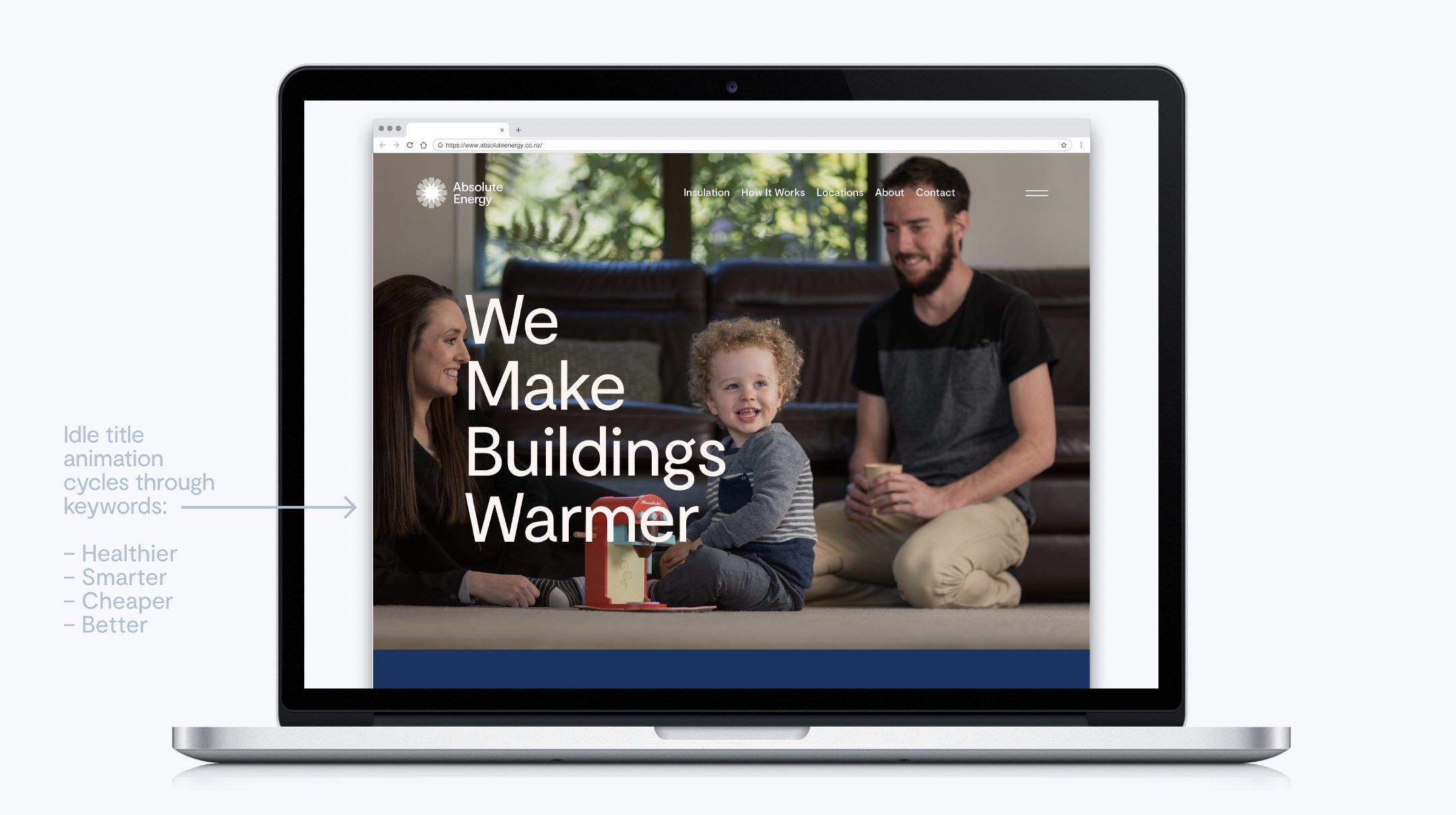 The new website on a laptop, headed We Make Buildings Warmer