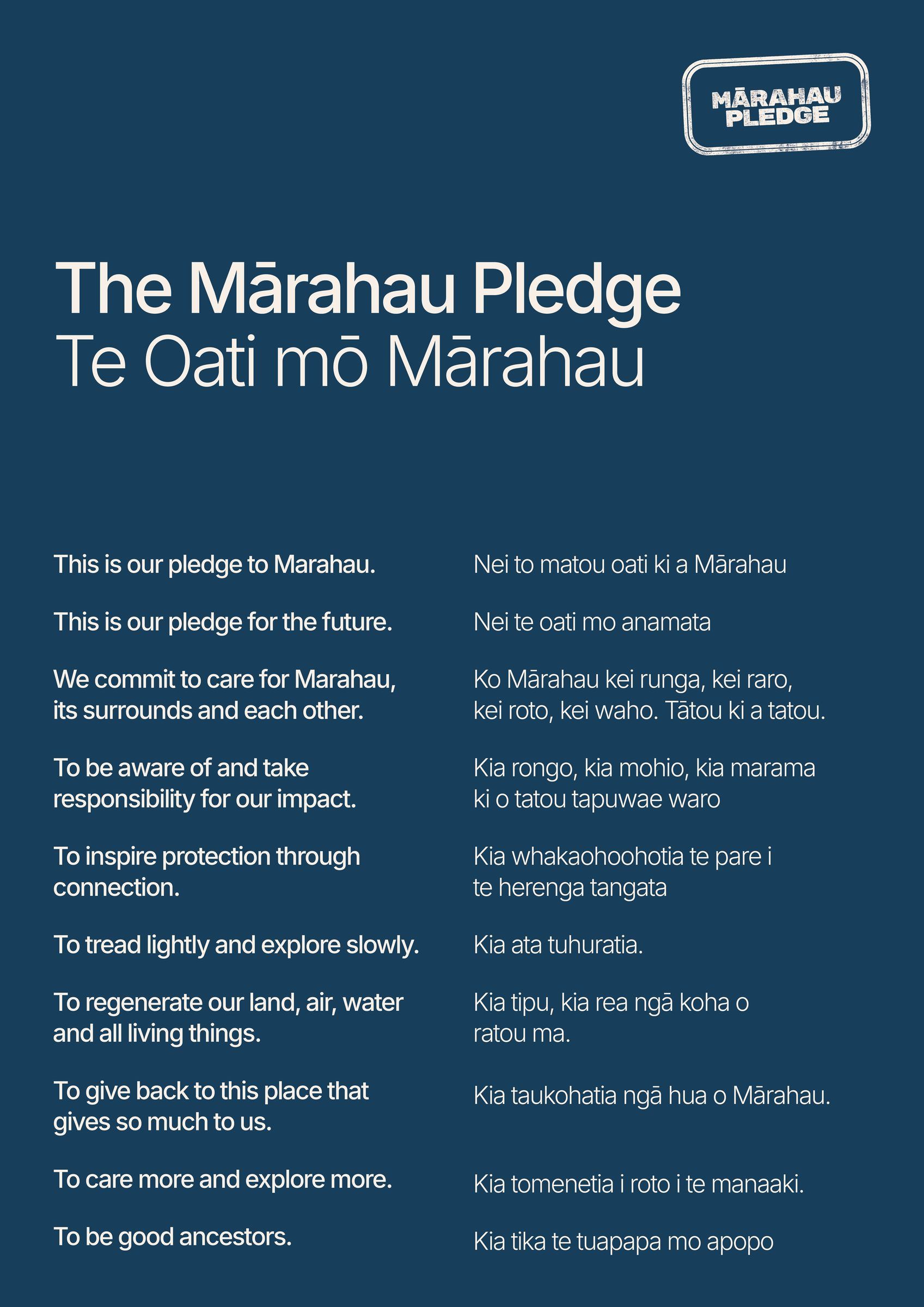 The Mārahau Pledge poster: commitments set in English and te reo Māori on a navy ground