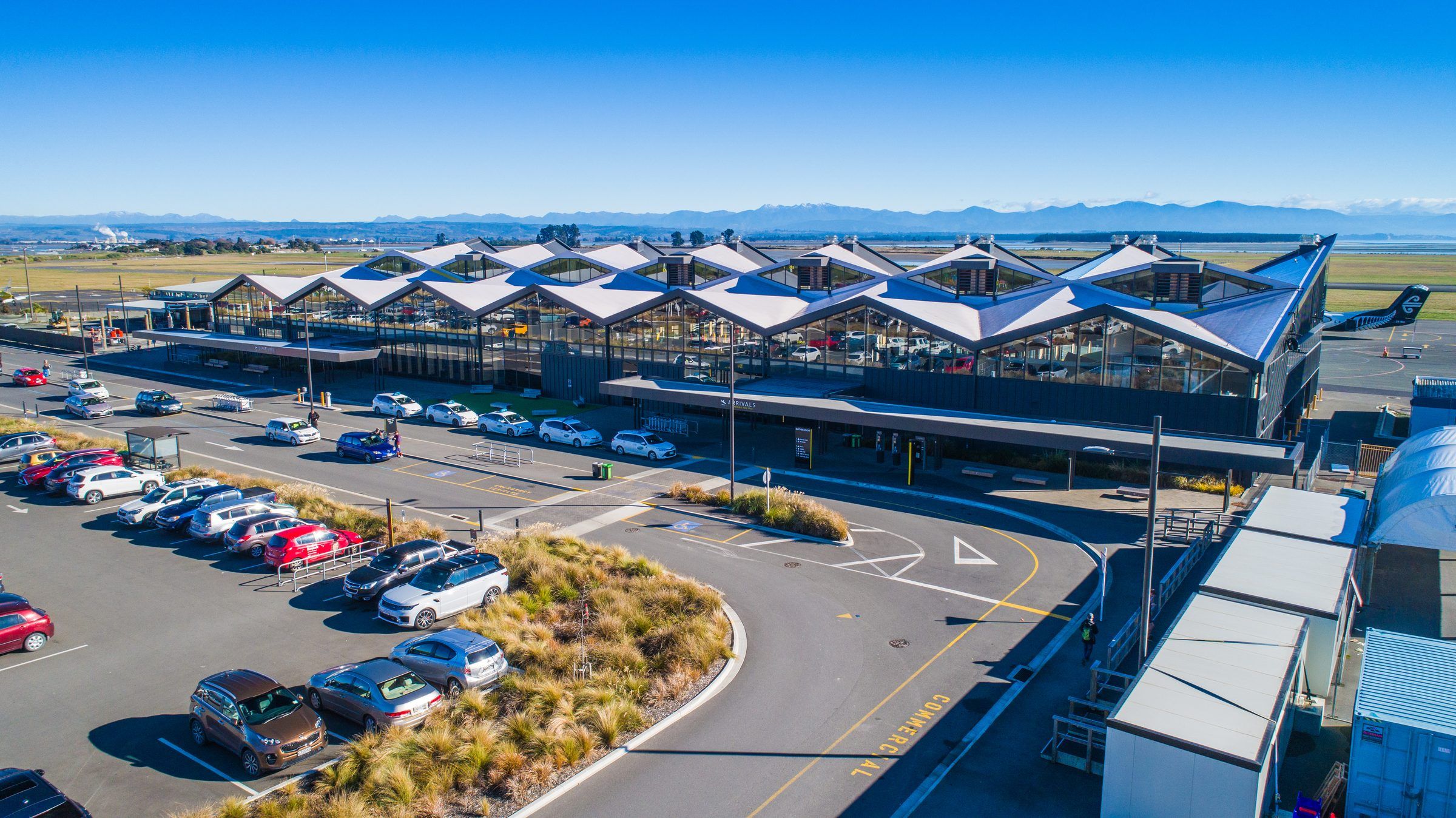 Aerial view of the Nelson Airport terminal and car park
