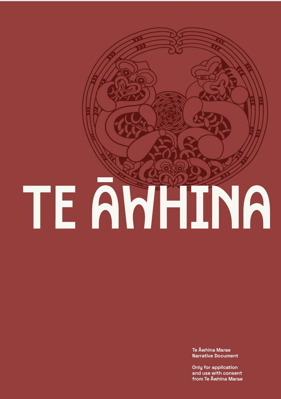 The Te Āwhina narrative document cover in deep red