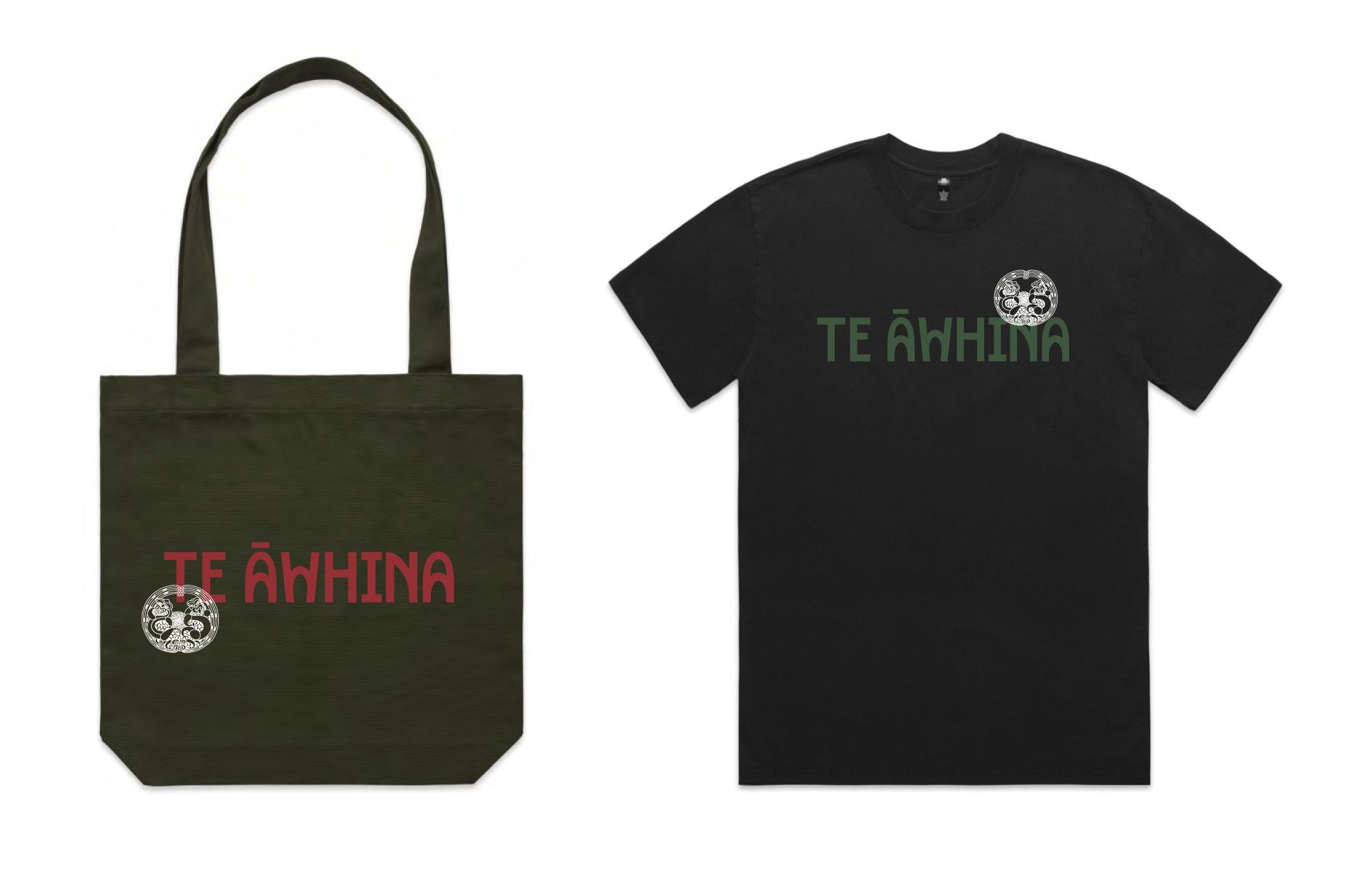A Te Āwhina tote bag and black t-shirt carrying the wordmark