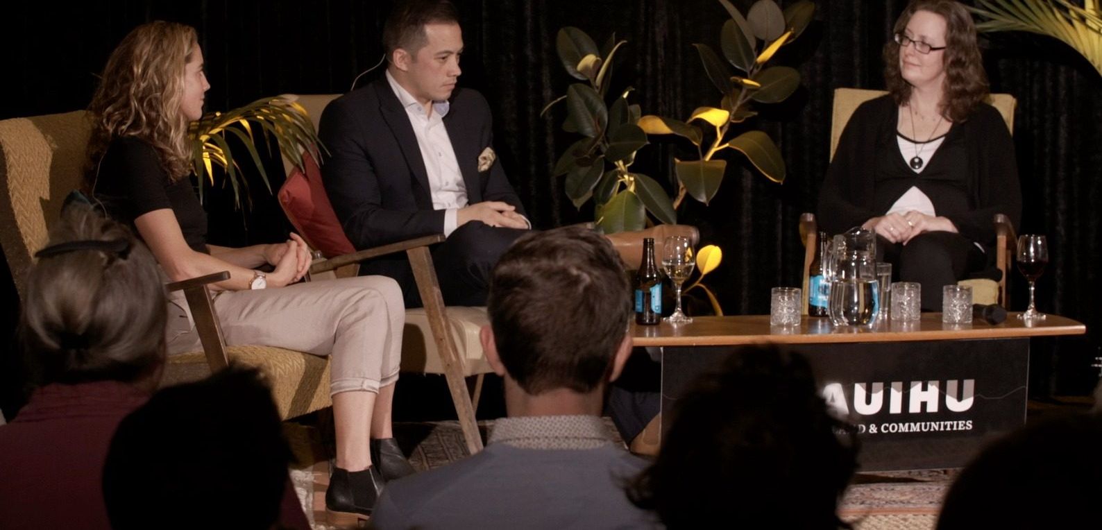 Te Puoho Katene, Julie Fry and Florence van Dyke in conversation on stage
